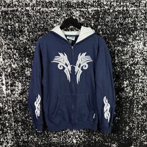 Silver Point Mens M Y2K Tribal Zip Up Hoodie Navy Blue